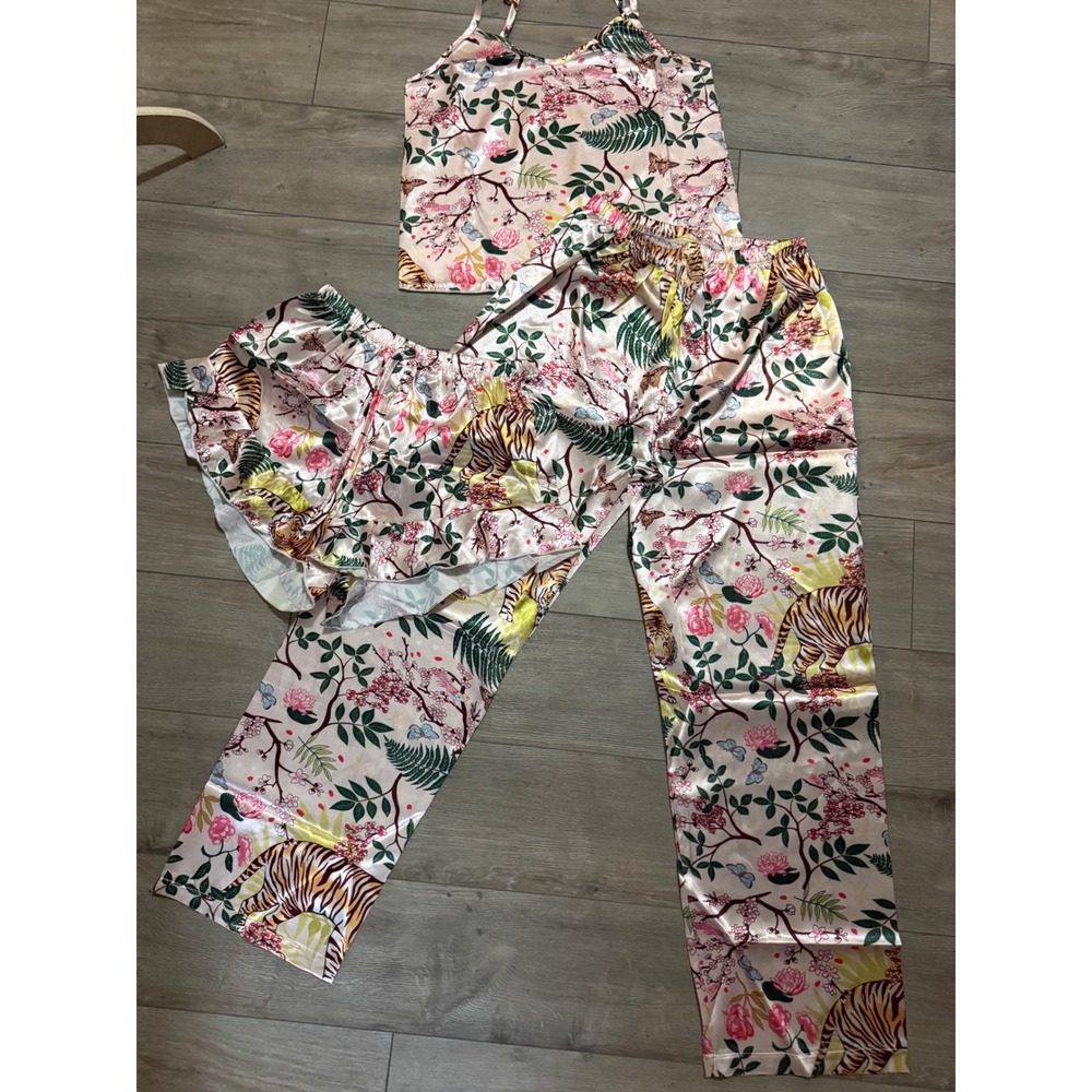 NIB- Satin Tiger Floral 3 Piece Pajama Set Cami Pants and Ruffle Shorts Pink S
